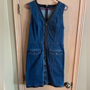 White House black market denim dress with black leather accents.